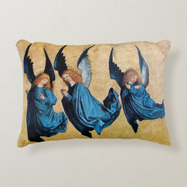 THREE CHRISTMAS ANGELS IN BLUE DECORATIVE CUSHION (Front)