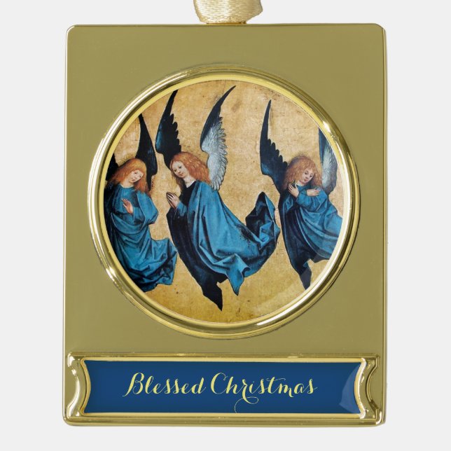 THREE CHRISTMAS ANGELS IN BLUE GOLD PLATED BANNER ORNAMENT (Front)