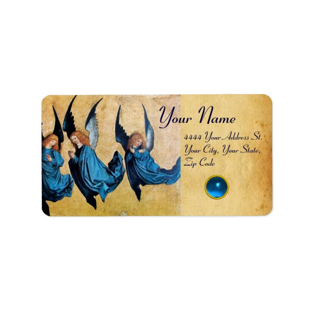 THREE CHRISTMAS ANGELS IN BLUE PARCHMENT, Sapphire Label (Front)