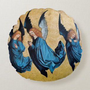 THREE CHRISTMAS ANGELS IN BLUE ROUND CUSHION