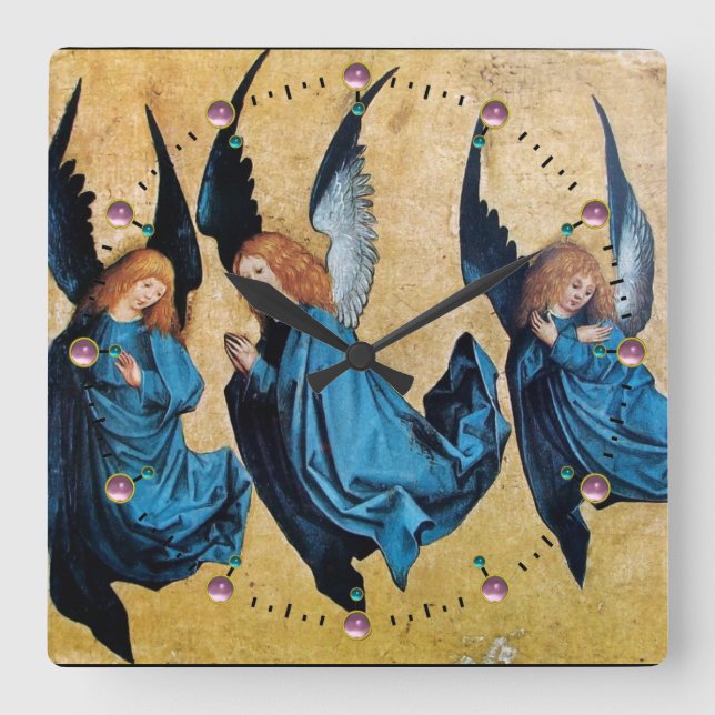 THREE CHRISTMAS ANGELS IN BLUE SQUARE WALL CLOCK (Front)