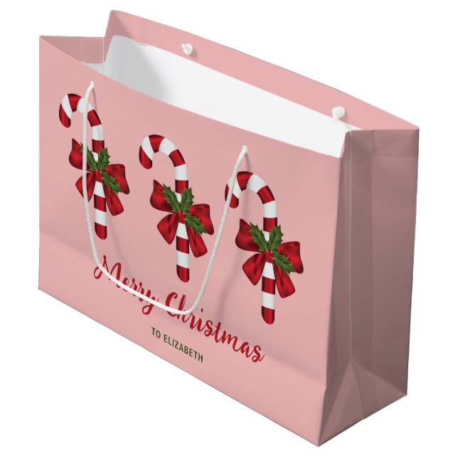 Three Christmas Candy Canes With Custom Text Large Gift Bag (Front Angled)