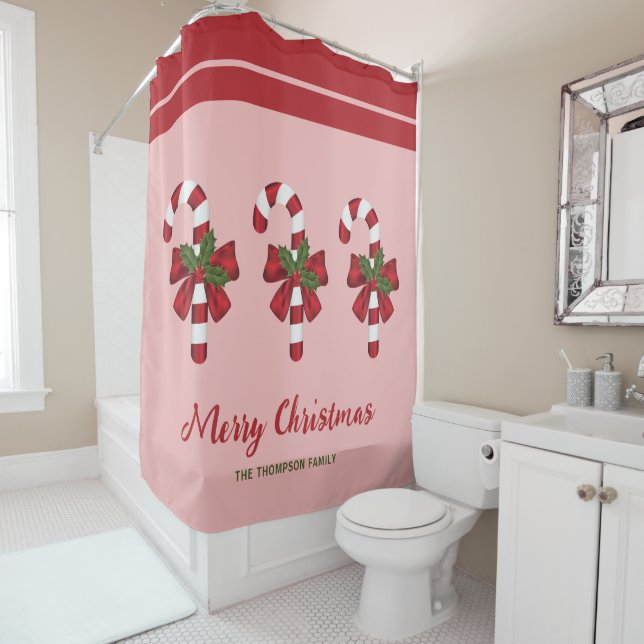 Three Christmas Candy Canes With Custom Text Shower Curtain (In Situ)