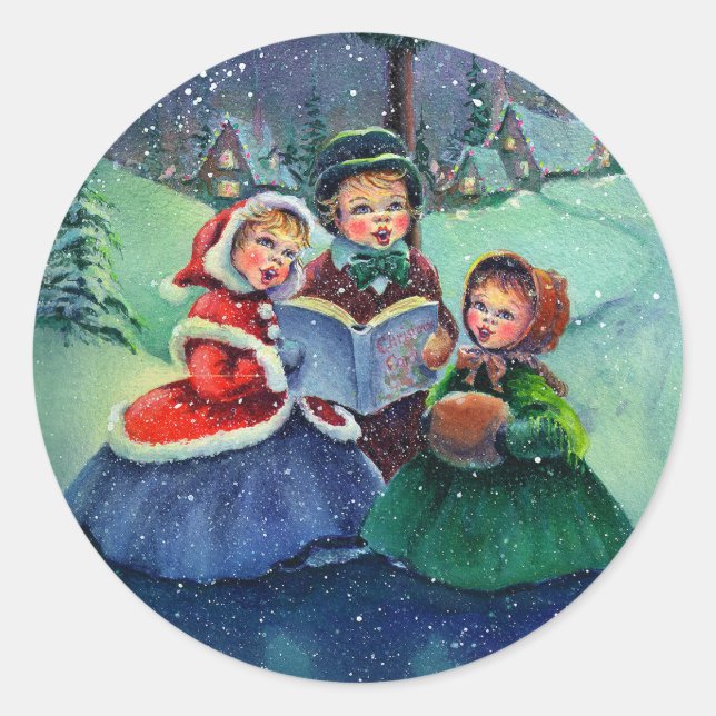 THREE CHRISTMAS CAROLERS by SHARON SHARPE Classic Round Sticker (Front)