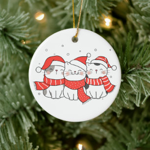 Three Christmas Cats in Hats and Scarves Ceramic Tree Decoration