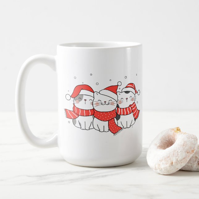 Three Christmas Cats in Hats and Scarves Coffee Mug (With Donut)