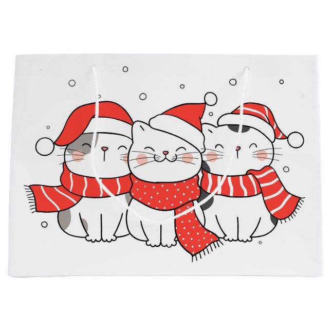 Three Christmas Cats in Hats and Scarves Large Gift Bag (Front)