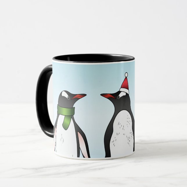 Three Christmas Gentoo Penguins With A Custom Name Mug (Front Left)
