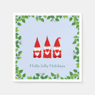 Three Christmas Gnomes & Leaf Frame on Light Blue Napkin