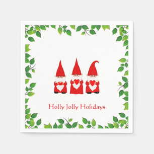 Three Christmas Gnomes & Leaf Frame on White Napkin