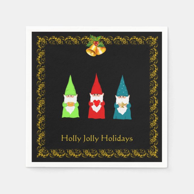 Three Christmas Gnomes on Black Napkin (Front)