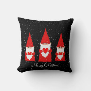 Three Christmas Gnomes on Black Throw Pillow