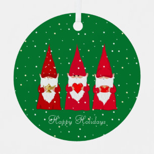 Three Christmas Gnomes on Green Metal Tree Decoration