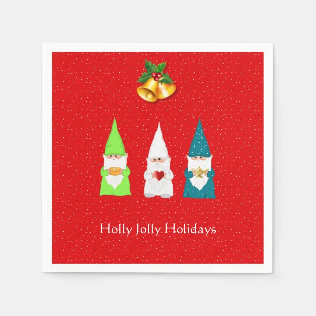 Three Christmas Gnomes on Red Napkin (Front)