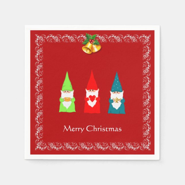 Three Christmas Gnomes on Red Napkin (Front)