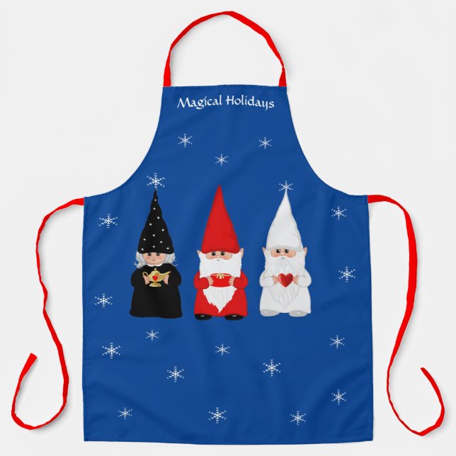 Three Christmas Gnomes on Royal Blue Apron (Front)