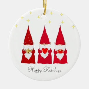 Three Christmas Gnomes & Stars Ceramic Tree Decoration