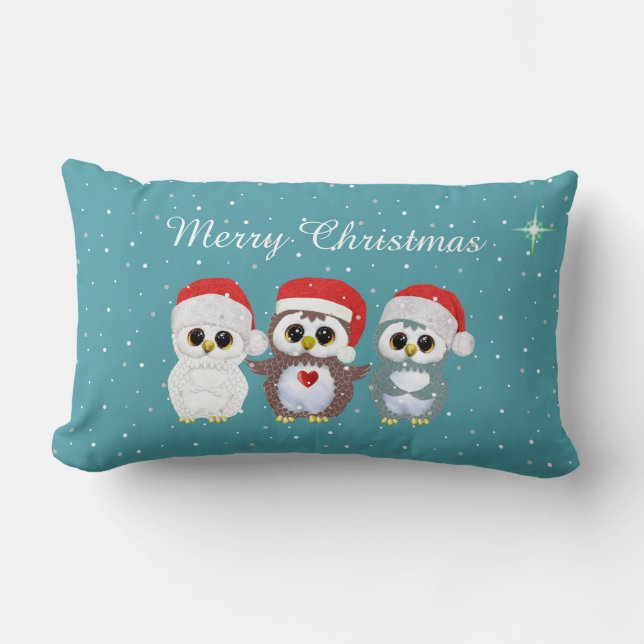 Three Christmas Owls on Sapphire Blue Lumbar Cushion (Front)