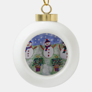 Three Christmas Snowmen Ceramic Ball Christmas Ornament