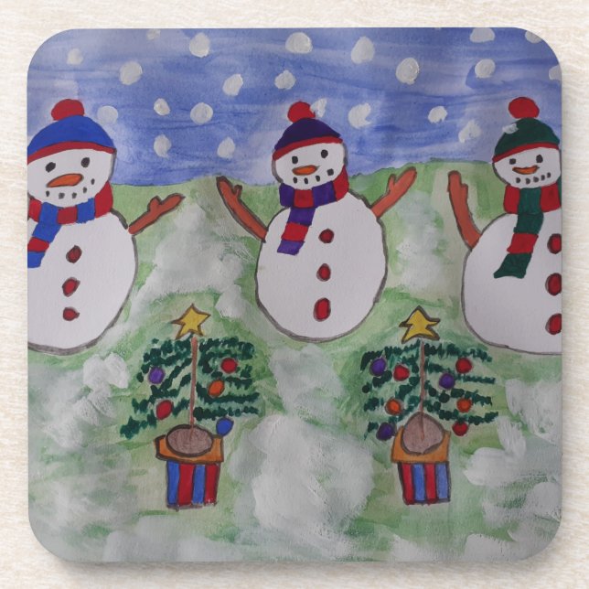 Three Christmas Snowmen Coaster (Front)