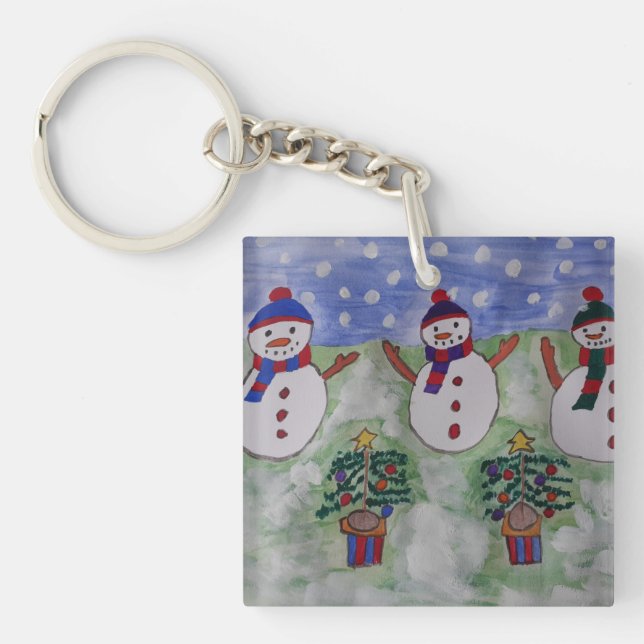 Three Christmas Snowmen Key Ring (Front)