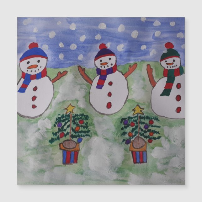 Three Christmas Snowmen Magnetic Card (Front)