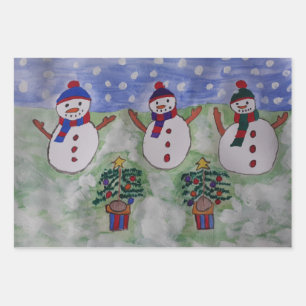 Three Christmas Snowmen Wrapping Paper Sheet