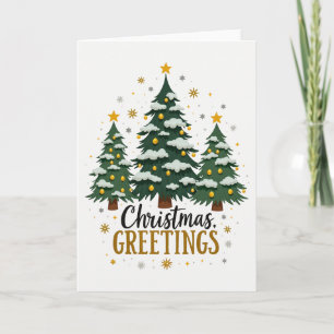 Three Christmas Trees Snow Gold Star Greetings Car Card