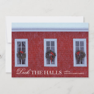 Three Christmas wreathes in schoolhouse windows Holiday Card
