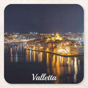 Three cities in Malta at night Square Paper Coaster