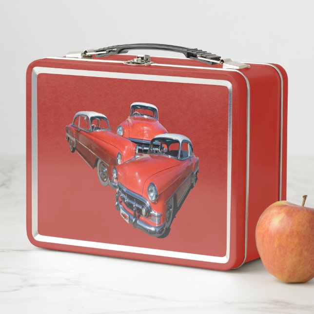 Three Classic Classy Red Cars, Metal Lunch Box (In Situ)