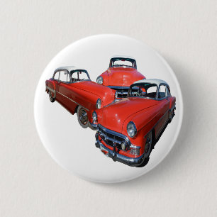 Three Classy Red And White Vintage Cars,   6 Cm Round Badge