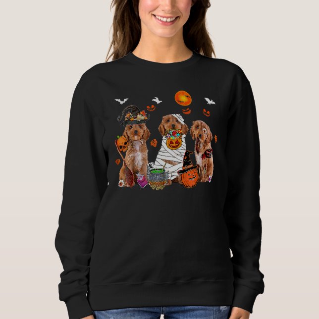 Three Cockapoo Dogs Witch Scary Mummy Halloween Sweatshirt (Front)