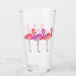 Three Colourful Flamingos Glass<br><div class="desc">This glass tumbler features three watercolor image flamingos,  all lined up. Colours include pink and violet. Bright and colourful! *Thanks to ClipArtBrat for the flamingo images in this design.</div>