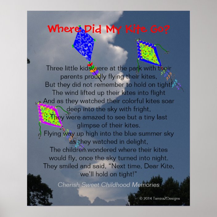 Three Colourful Flying Kites Fluffy Clouds Poem Poster Zazzle.co.uk