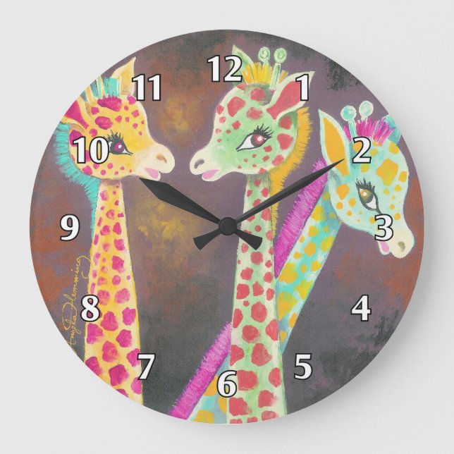 Three Colourful Fun Giraffes Large Clock (Front)