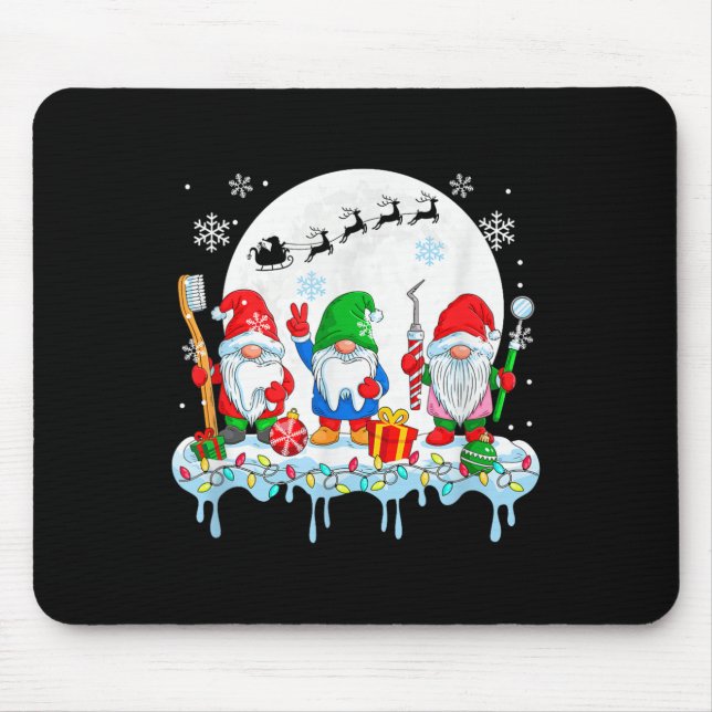 Three Colourful Gnomes With Dentist Tools Christma Mouse Mat (Front)