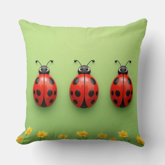 Three Colourful Ladybugs Cushion (Front)