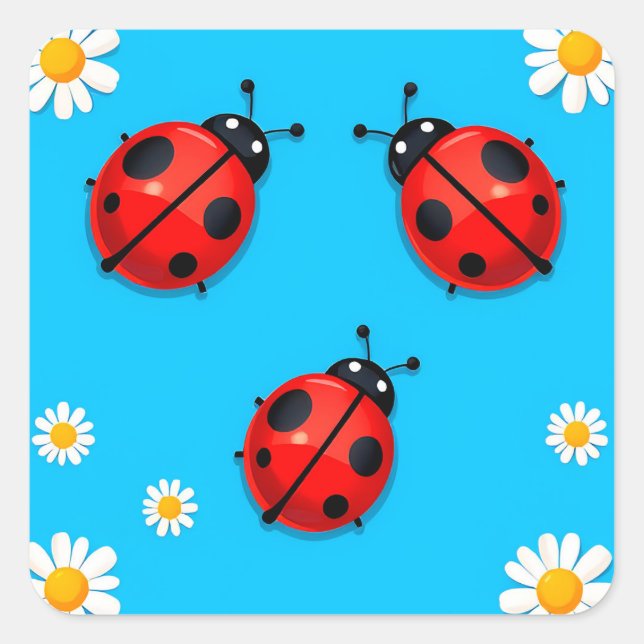 Three Colourful Ladybugs on Blue Background Square Sticker (Front)