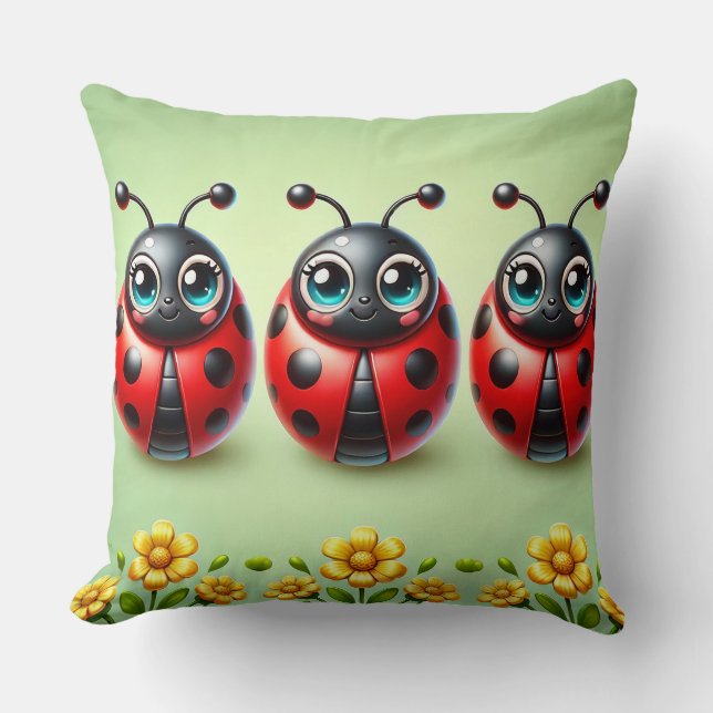 Three Colourful Ladybugs on Green Background  Cushion (Front)