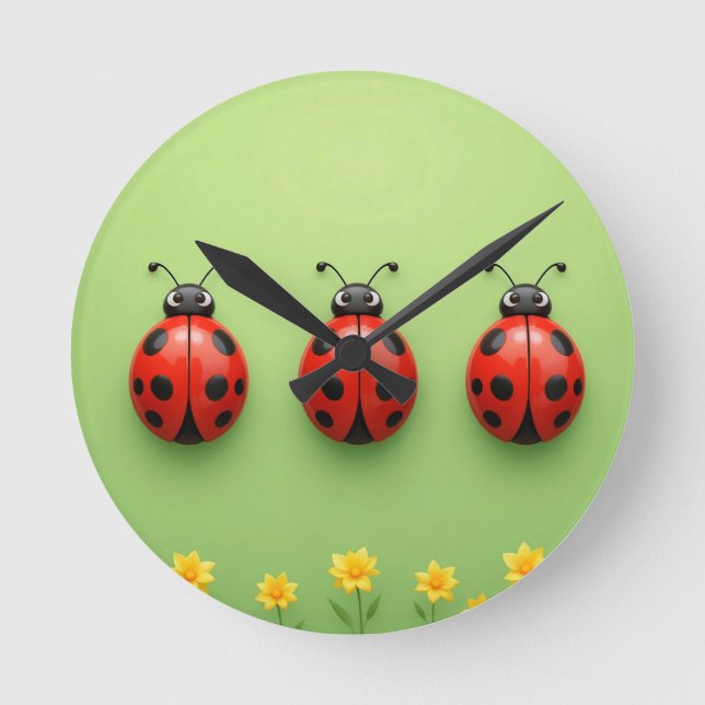 Three Colourful Ladybugs Round Clock (Front)