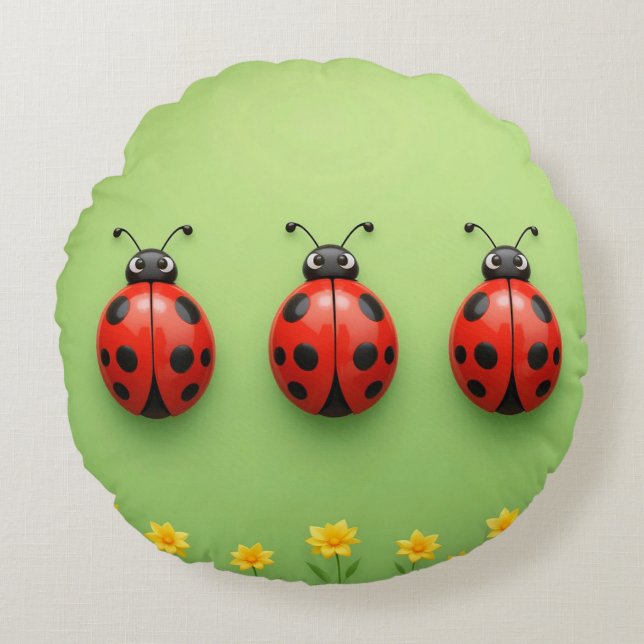 Three Colourful Ladybugs Round Cushion (Front)