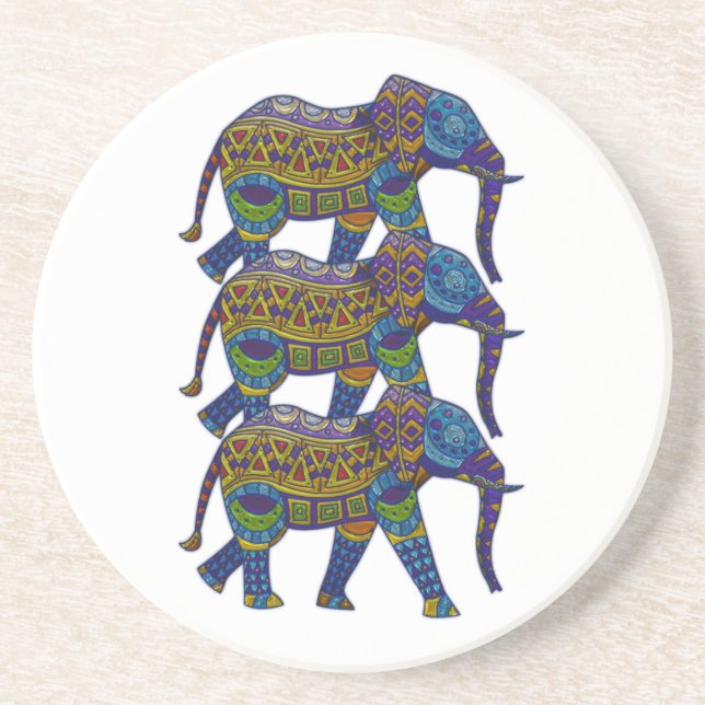 Three Colourful Mosaic Elephants Coaster (Front)