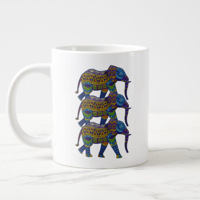 Three Colourful Mosaic Elephants Large Coffee Mug (Left)