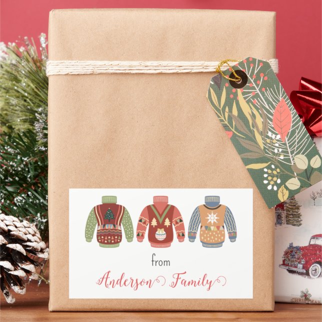 Three Colourful Ugly Sweater Christmas Family Gift Rectangular Sticker (Holiday)