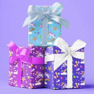 Three Colours 1st Birthday Unicorn Pattern Wrapping Paper Sheet