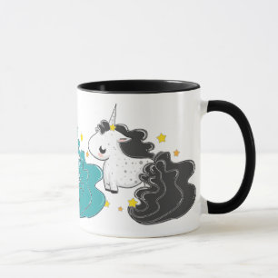 three colours of cartoon unicorns with stars mug