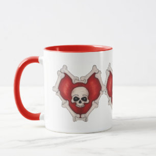 Three Connected Gothic Red Hearts Skull and Bones Mug