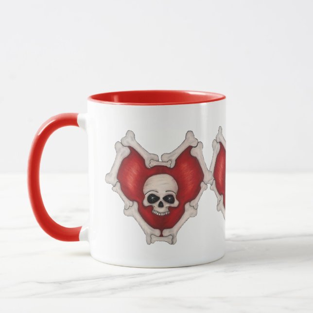 Three Connected Gothic Red Hearts Skull and Bones Mug (Left)