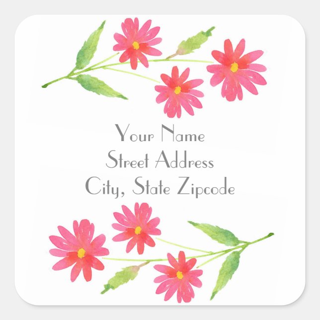 Three Coral Pink Watercolor Daisy Labels (Front)